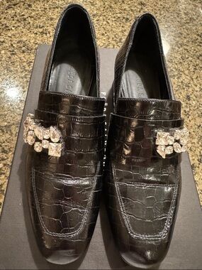 Freda Salvador Black Croc-Embossed Loafers with Crystal Jewel Accent